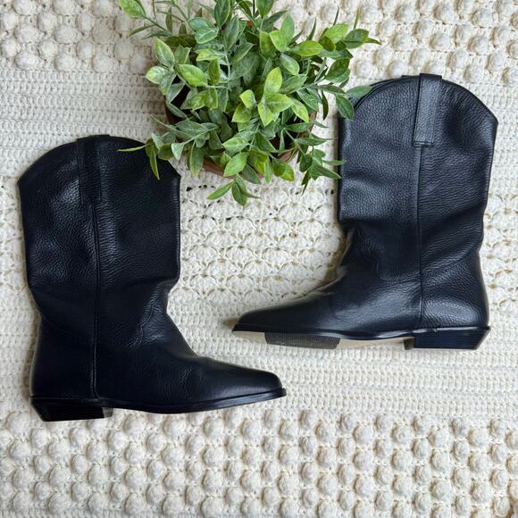 VINTAGE NINE WEST Women's Size 7 Pebbled Leather Flat Cowboy Boot Black Pull On - Picture 11 of 13